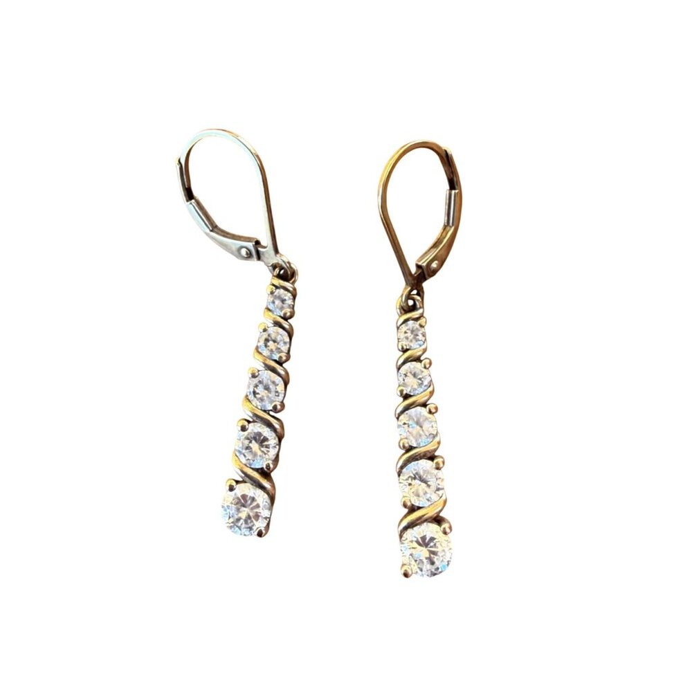 Vintage DL Earrings Dangle Bar Signed Sterling Silver CZ 1.25 inches